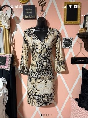 Jean Pierre Beige and Black Snake Print V-Neck Long Sleeve Dress
